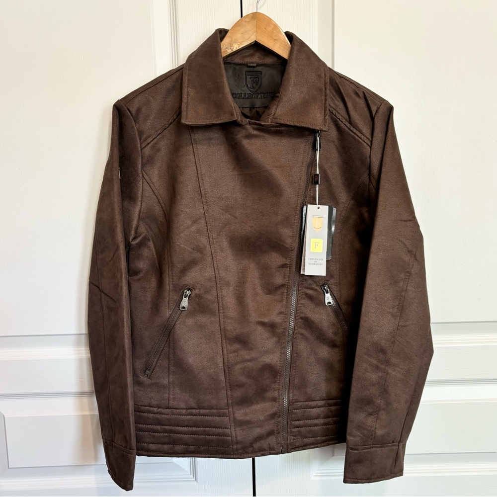 NEW F Collections Luxury Italian Women’s Jacket Large Faux Leather Suede - Large